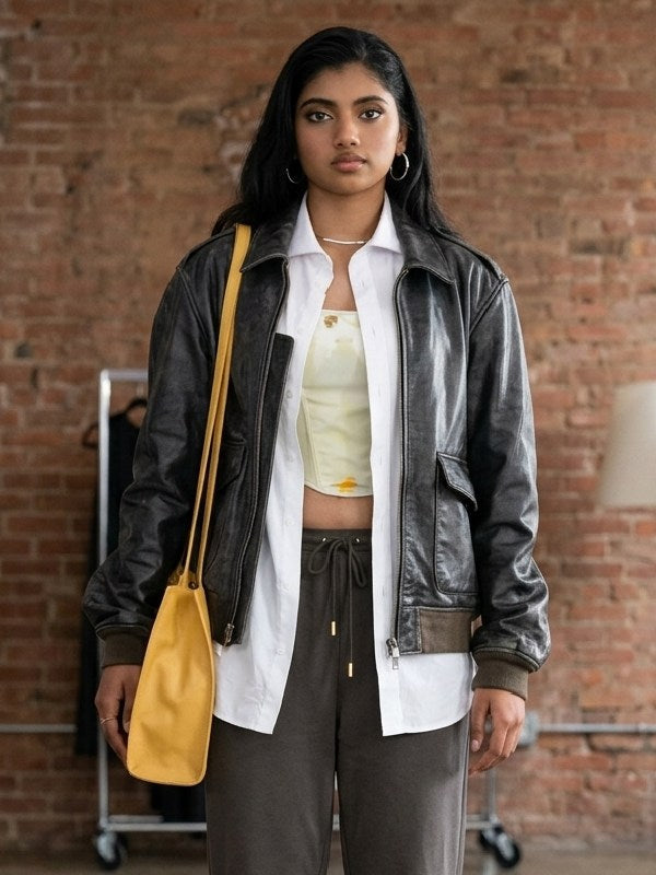 Not Suitable for Work 2026 Abby Chilukuri Black Leather Jacket